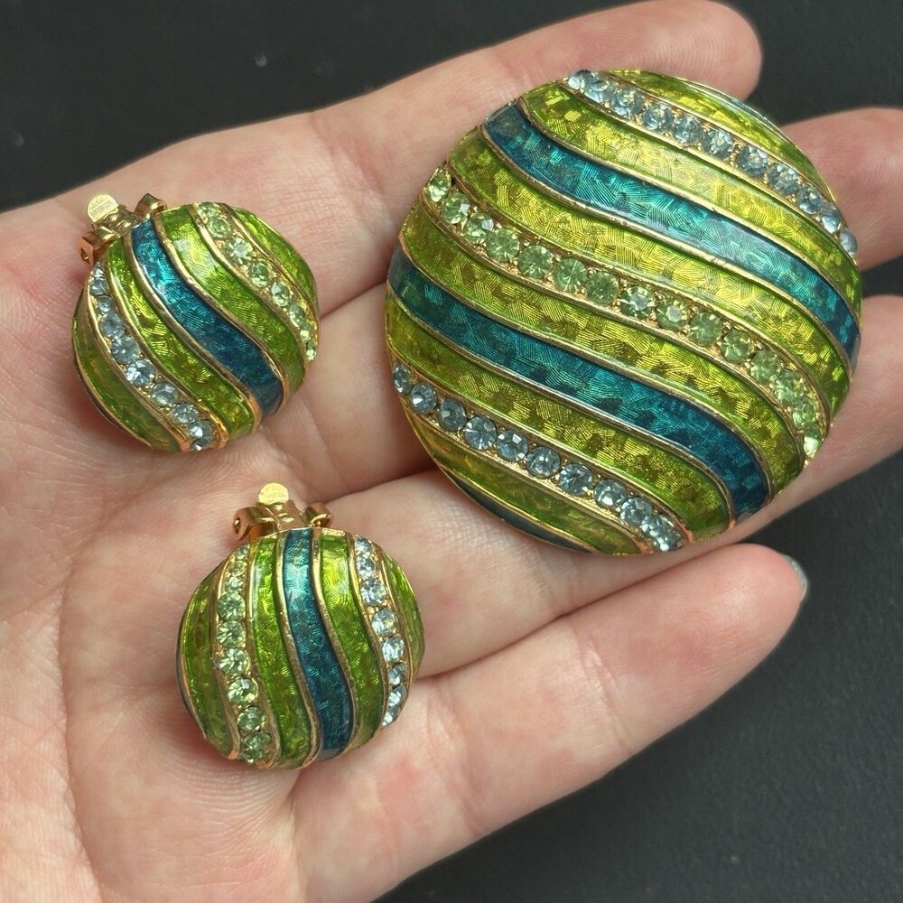 Alice Caviness Round Dome Blue Green Enamel Rhinestone Brooch Earrings Set